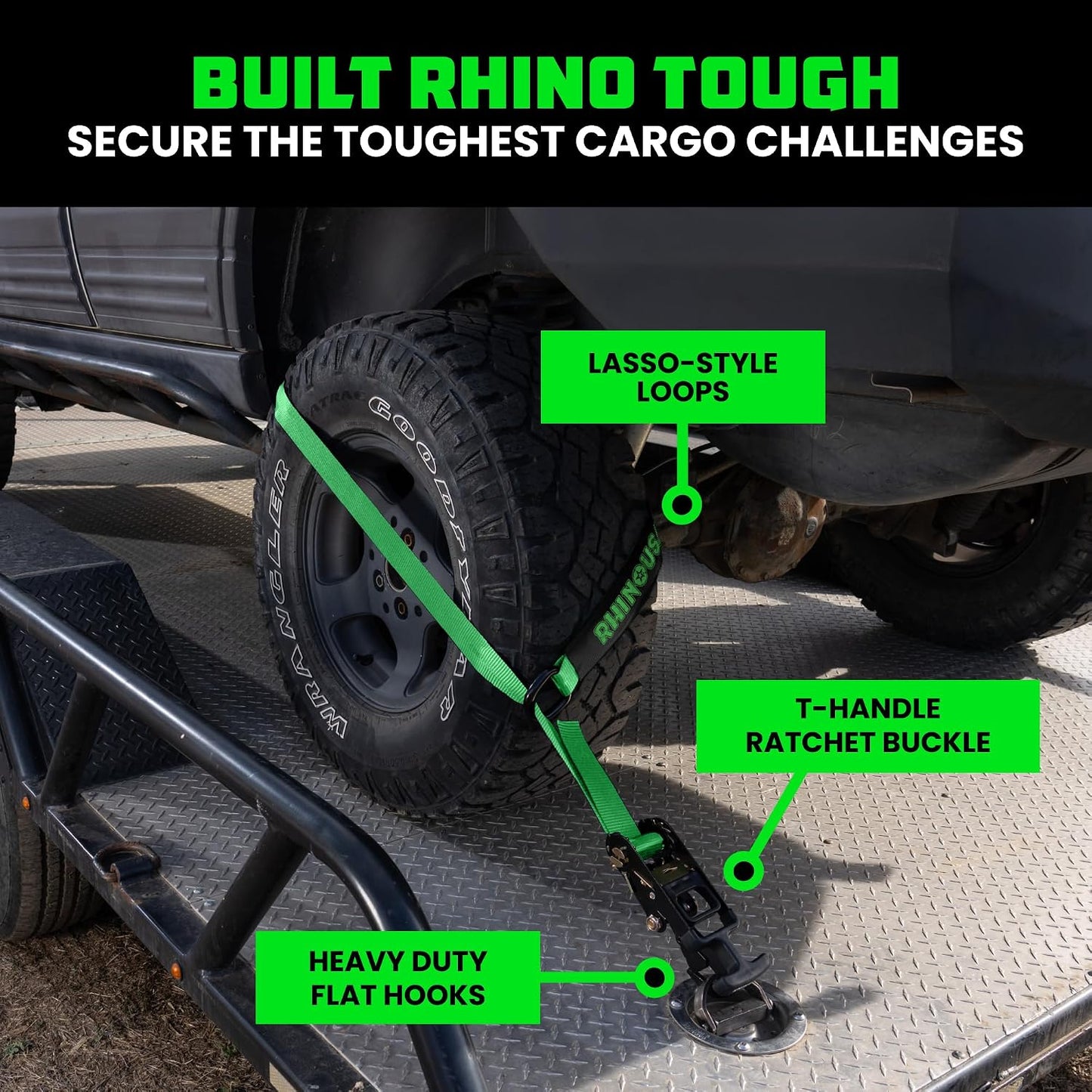 Rhino USA Car Tie Down Straps with J Hooks – 4 Pack 2" x8' – 10,000lbs Break Strength – Heavy Duty T-Handle Car Hauler Tire Lasso Wheel Straps for Trailers, UTV & Powersports – Black