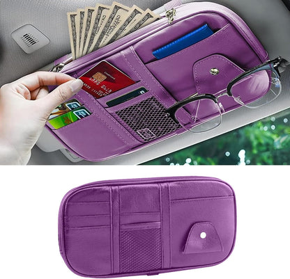 Car Sun Visor Organizer, Sunglass Holder and Storage Pocket, Card Cash Pouch with Multi-Pocket Net Zipper, Case Bag for License Pen Key, Auto Accessories for Truck, SUV, Van (Purple)