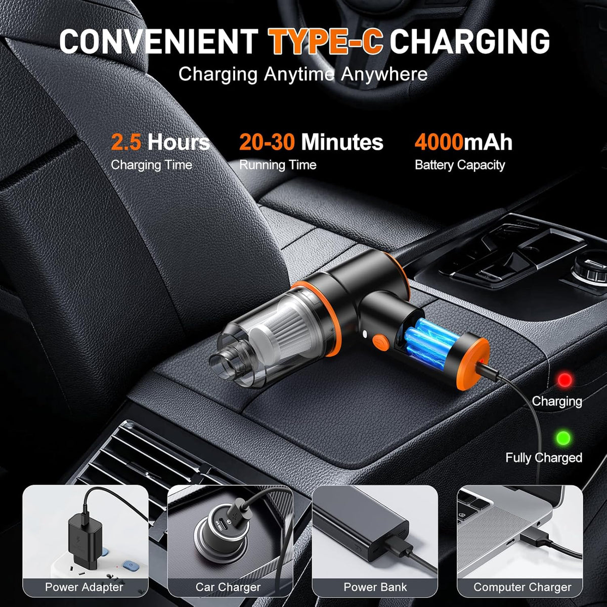 KMM Handheld Car Vacuum Cleaner, 9000Pa Vacuum Cleaner and Air Duster, 120W High Power Hand Held Vacuum with LED Light and Multi-Nozzles for Car, Home, Office, Pet