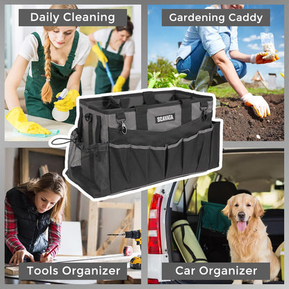 SCAVATA Wearable Cleaning Caddy Bag, Supplies Organizer with Handle & Shoulder Straps for Housekeepers, Under Sink & Car Cleaning Tool Organizer with 4 Foldable Dividers (Black)