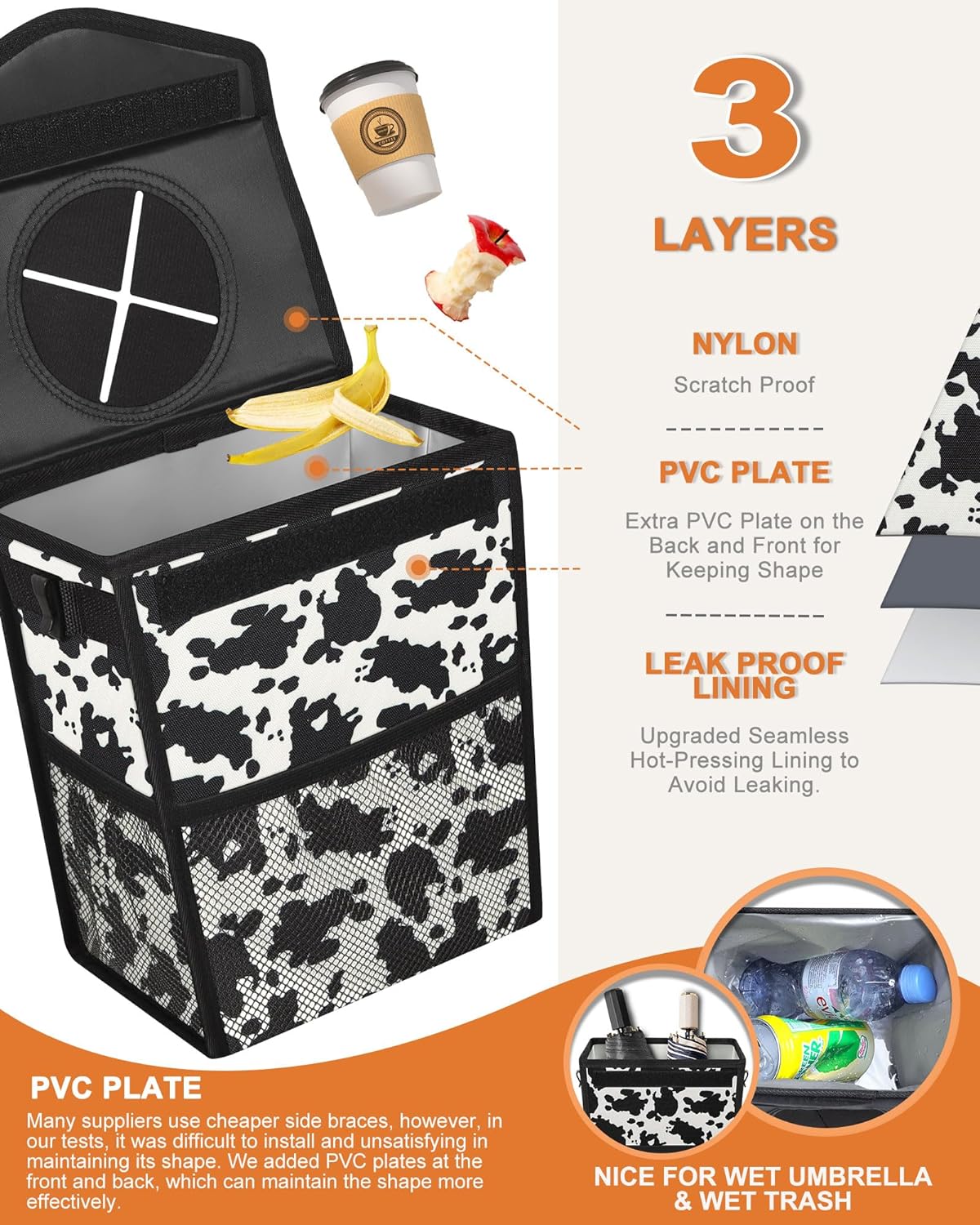 Pritent Car Trash Can with Lid, Cute Leakproof Car Trash Garbage Bag Hanging Vehicle Trash Bin Small Portable Automotive Garbage Cans Organizer for Back/Front Seat/Console(Trapezoid,Black)