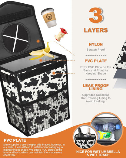 Pritent Car Trash Can with Lid, Cute Leakproof Car Trash Garbage Bag Hanging Vehicle Trash Bin Small Portable Automotive Garbage Cans Organizer for Back/Front Seat/Console(Trapezoid,Black)