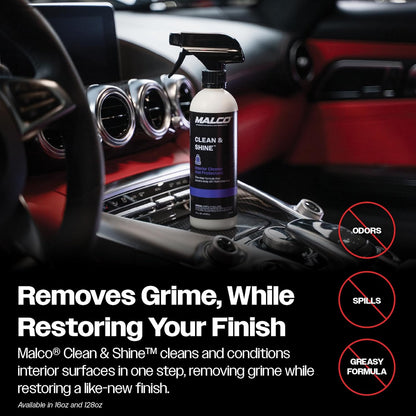 Malco Clean and Shine Interior Car Cleaner and Dressing - Best Interior Car Care to Restore Leather Plastic and Vinyl / 1 Simple Step To Clean, Condition, and Protect/Non-Glare Satin Finish (125901)