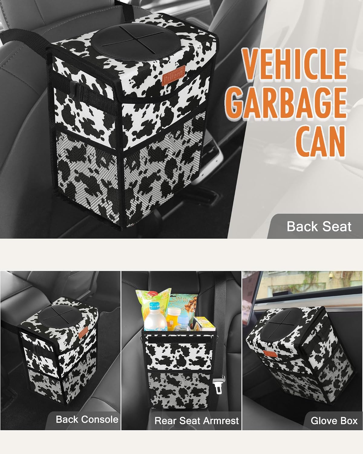 Pritent Car Trash Can with Lid, Cute Leakproof Car Trash Garbage Bag Hanging Vehicle Trash Bin Small Portable Automotive Garbage Cans Organizer for Back/Front Seat/Console(Trapezoid,Black)