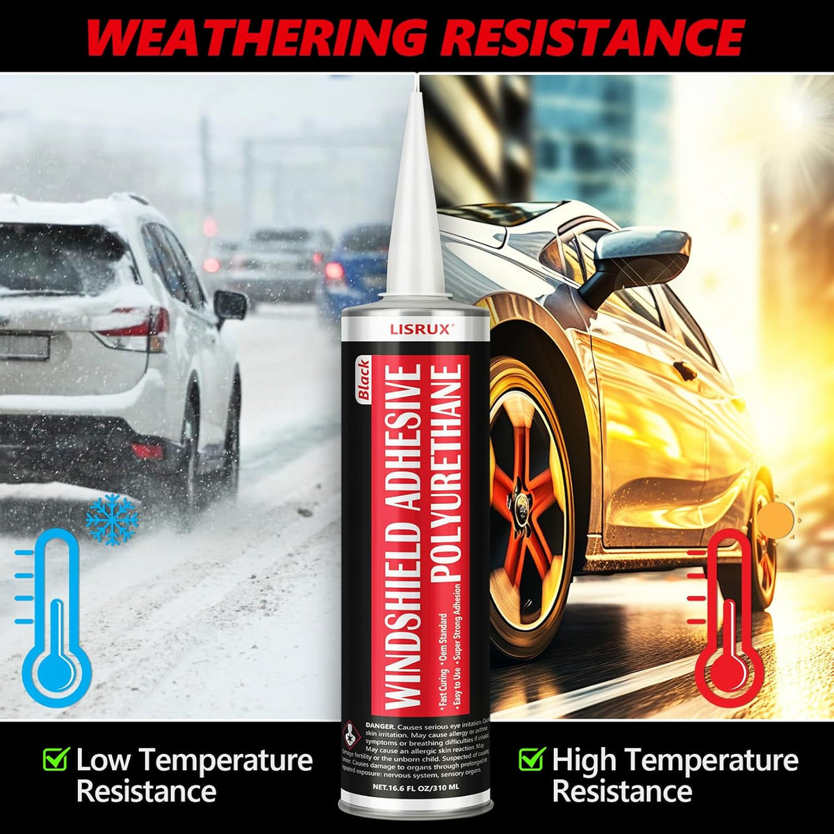 [2 Pack] Polyurethane Windshield Adhesive, Windshield Sealant Black - High Bond Strength, Quick Curing & Weather Resistant Automotive Glass Glue for Vertical & Overhead Application, 310ml