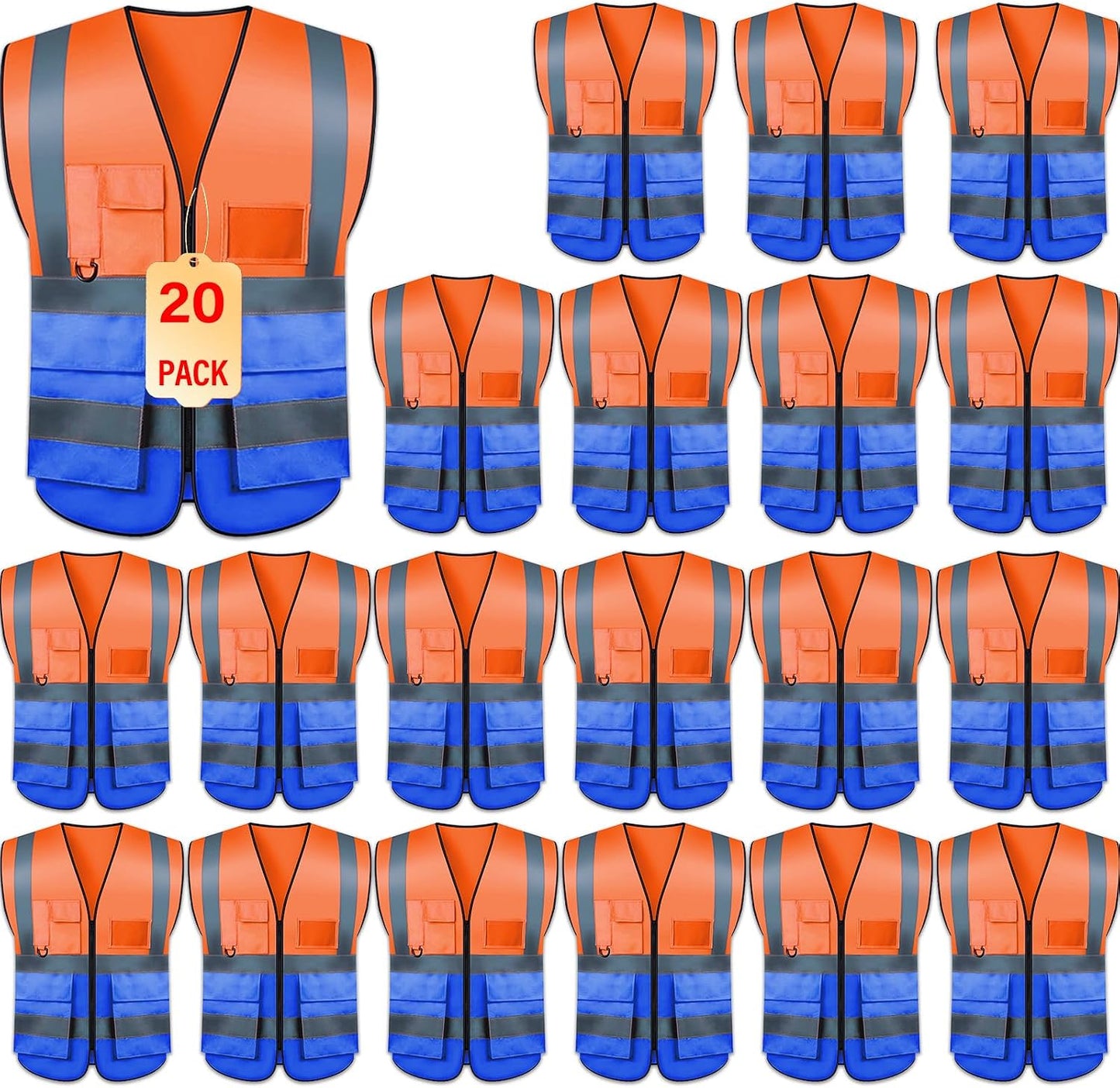 Safety Vests 20 Pack,Hi Vis Construction Vest with 5 Pockets and Zipper,Reflective Vest for Men Women Work One Size