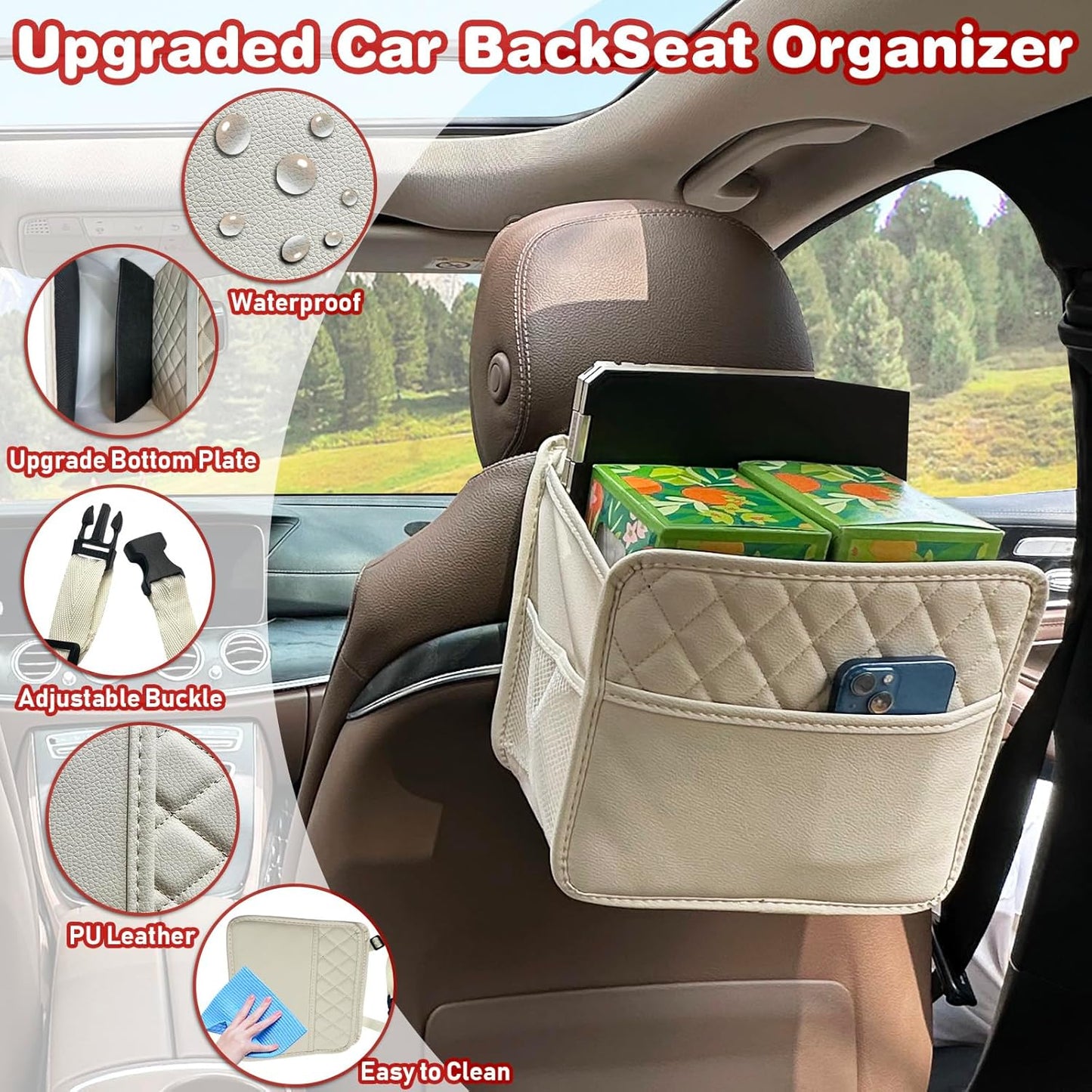 Witaxima Upgrade Car Seat Organizer Backseat with Storage Pockets, Multipurpose Car Organizer Hanging, Car Trash Bag Can,Premium PU Leather Garbage Can 2.14 Gallon Large Capacity, Black.