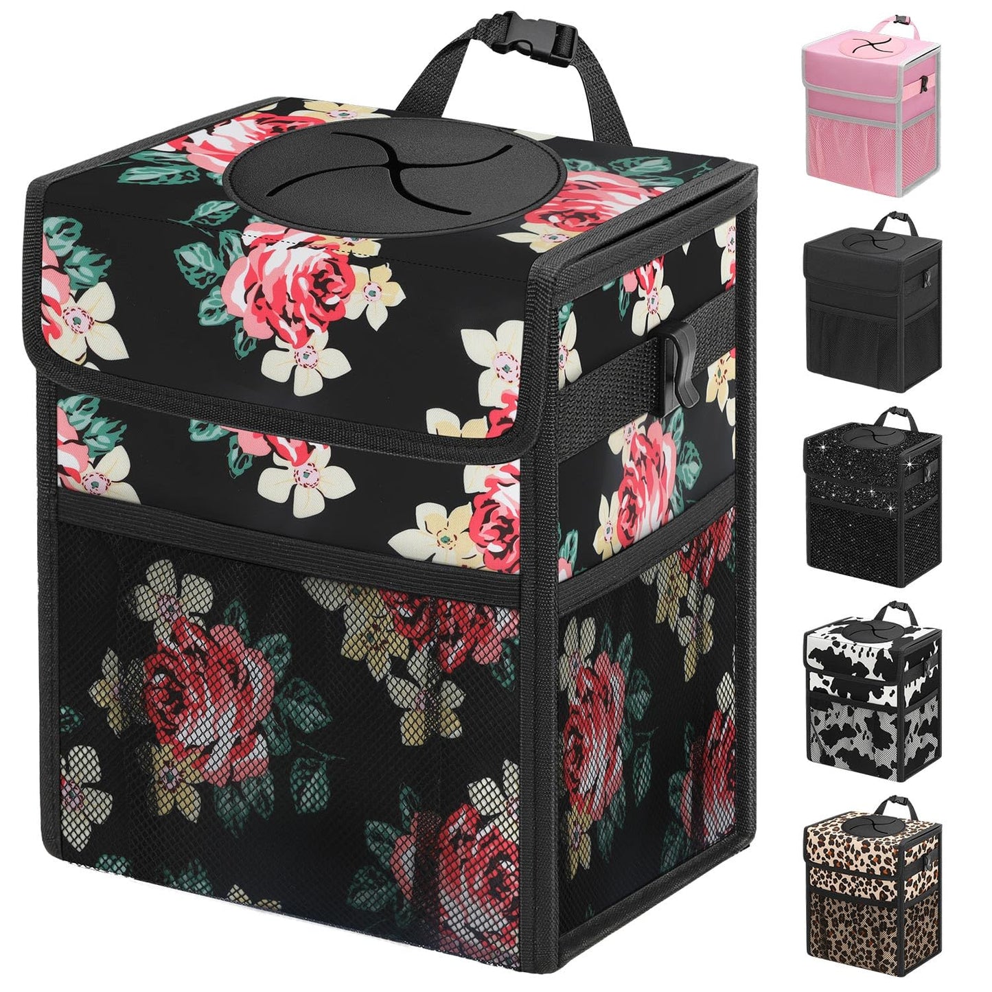 Capolo Car Trash Can with Lid, Leakproof Car Trash Bag Hanging Waterproof Automotive Garbage Can with Storage Pockets Mini Vehicle Trash Bin for Back/Front Seat(Black,2.5 Gallon)