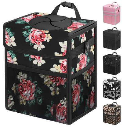 Capolo Car Trash Can with Lid, Leakproof Car Trash Bag Hanging Waterproof Automotive Garbage Can with Storage Pockets Mini Vehicle Trash Bin for Back/Front Seat(Black,2.5 Gallon)