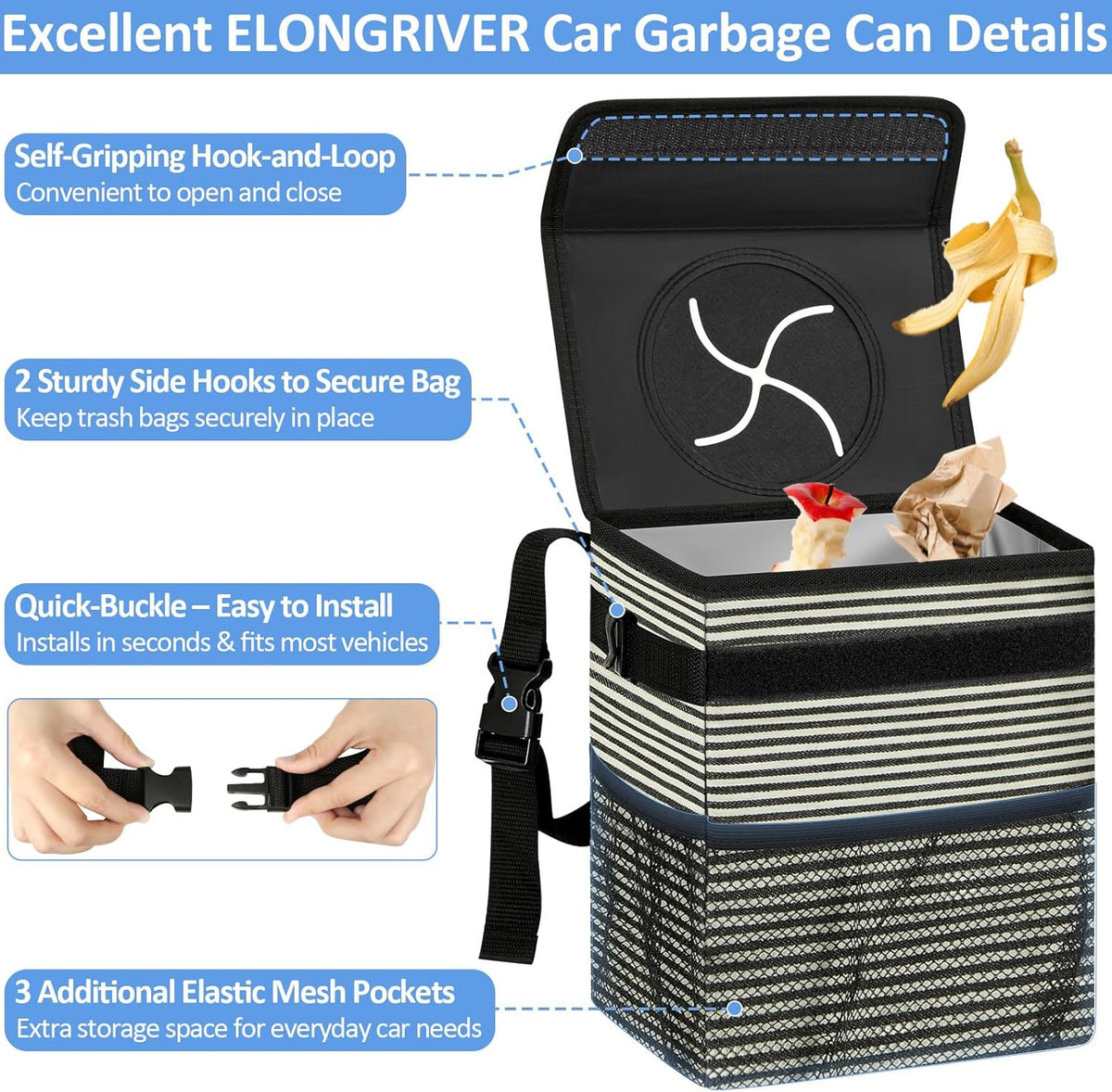 ELONGRIVER Car Trash Can Bin for Back Seat Leak Proof, Cute Car Trash Bag Hanging, Vehicle Trash Can for SUV Truck Van, Automotive Garbage Cans Front Seat Black