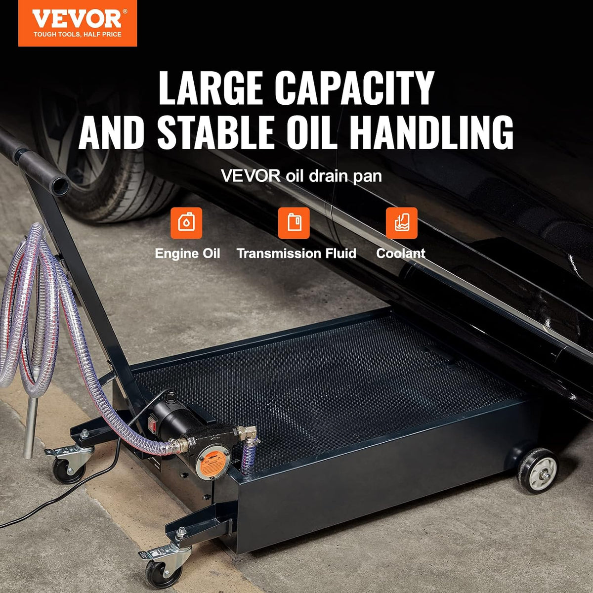 VEVOR Low Profile Oil Drain Pan, 17 Gal Capacity, Rolling Oil Drain Pan with 110V High-Flow Electric Pump, 7.2 ft Hose & T Folding Handle, Leak-proof & Corrosion-resistant, Fit for Trucks, ATVs, Black