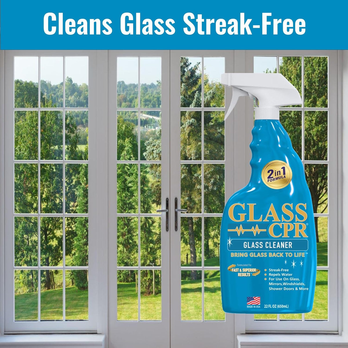 Glass CPR 2-in-1 Glass Cleaner and Water Repellent, 22 oz Spray plus 2 Microfiber Applicator Towels, Streak-Free for Shower Doors, Windshields, Mirrors, Hard Water Stain Formula, Made in USA