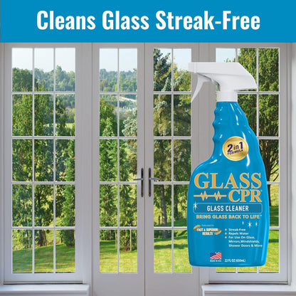 Glass CPR 2-in-1 Glass Cleaner and Water Repellent, 22 oz Spray plus 2 Microfiber Applicator Towels, Streak-Free for Shower Doors, Windshields, Mirrors, Hard Water Stain Formula, Made in USA