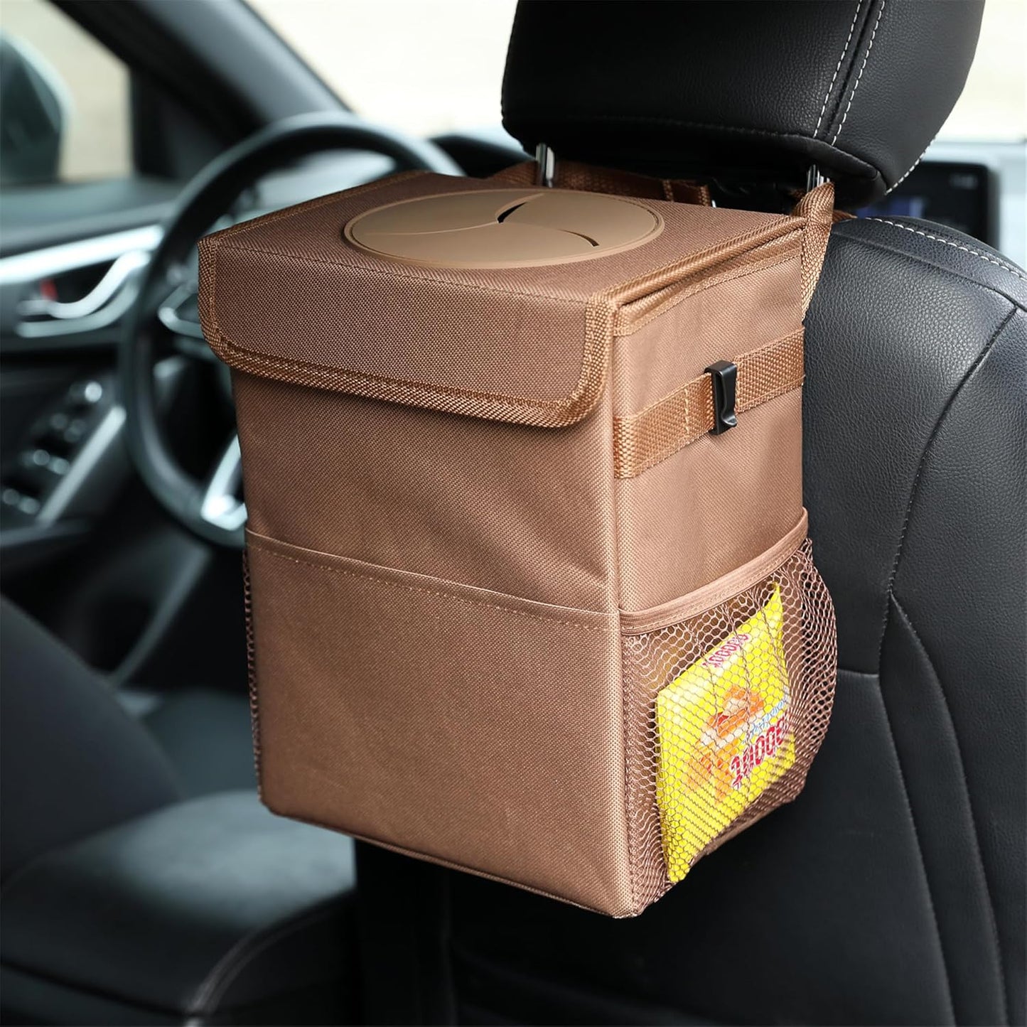 AOKJOY Car Garbage can with lid Leak Proof Vehicle Trash Can 3 Storage Pockets Hanging Waterproof car Trash Bag for SUV Beige