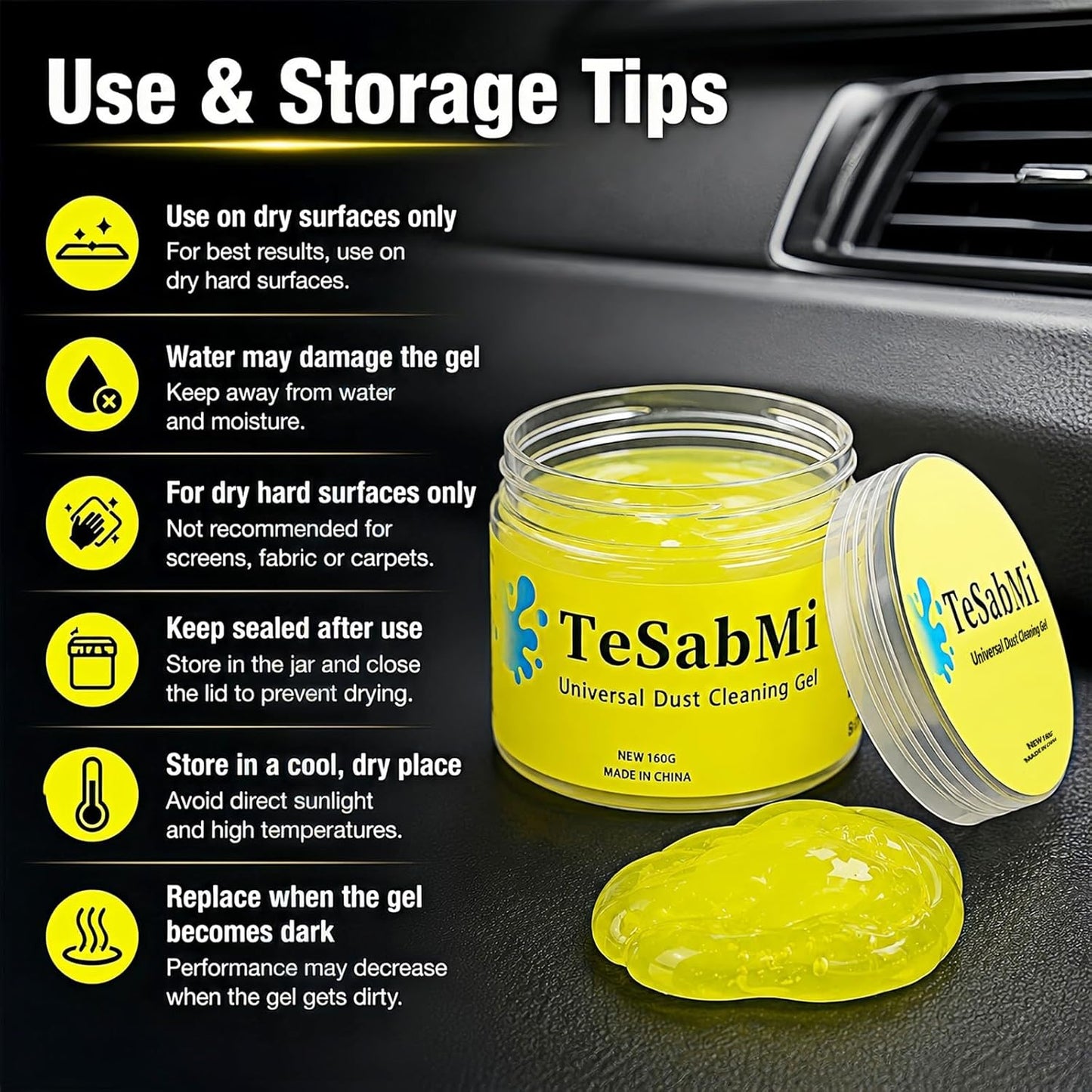 TeSabMi Car Cleaning Gel, Reusable Cleaning Putty & Dust Slime for Air Vents, Dashboard Gaps, Cup Holders, Console Buttons, Vehicle Interior Detailing Accessories, Yellow, 160g