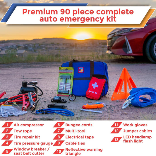 Car Emergency Kit with Air Compressor, Jumper Cables, First Aid, Tow Strap, Tire Gauge, Headlamp – Roadside Safety Kit for Women, Men, Teens