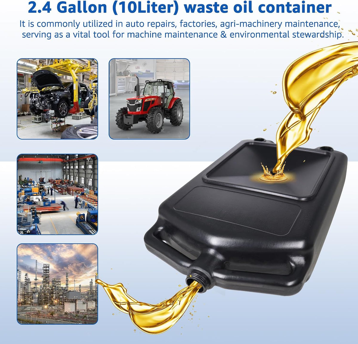 HKTE 2.6Gallon（10L） Oil Drain Pan, Heavy Duty Leak-Proof Low Profile HDPE Container with Wide Mouth Funnel & Reinforced Handles for Cars, SUVs & Trucks