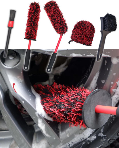 oesee Professional 4 Pack Long Handle Wheel Brush Kit for Cleaning Wheel and Tire- 2X Soft Wheel Cleaning Brush, Detailing Brush and Stiff Tire Brush, Bendable& Durable Wheel Rim Cleaner Brush Set