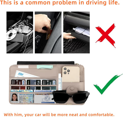 Leather Car Sun Visor Organizer for Cars, Trucks & SUVs: Features Sunglasses Holder, Secure Zipper Pockets, and 6 Clear Windows for Registration, Driver's License, and Insurance Card（black）