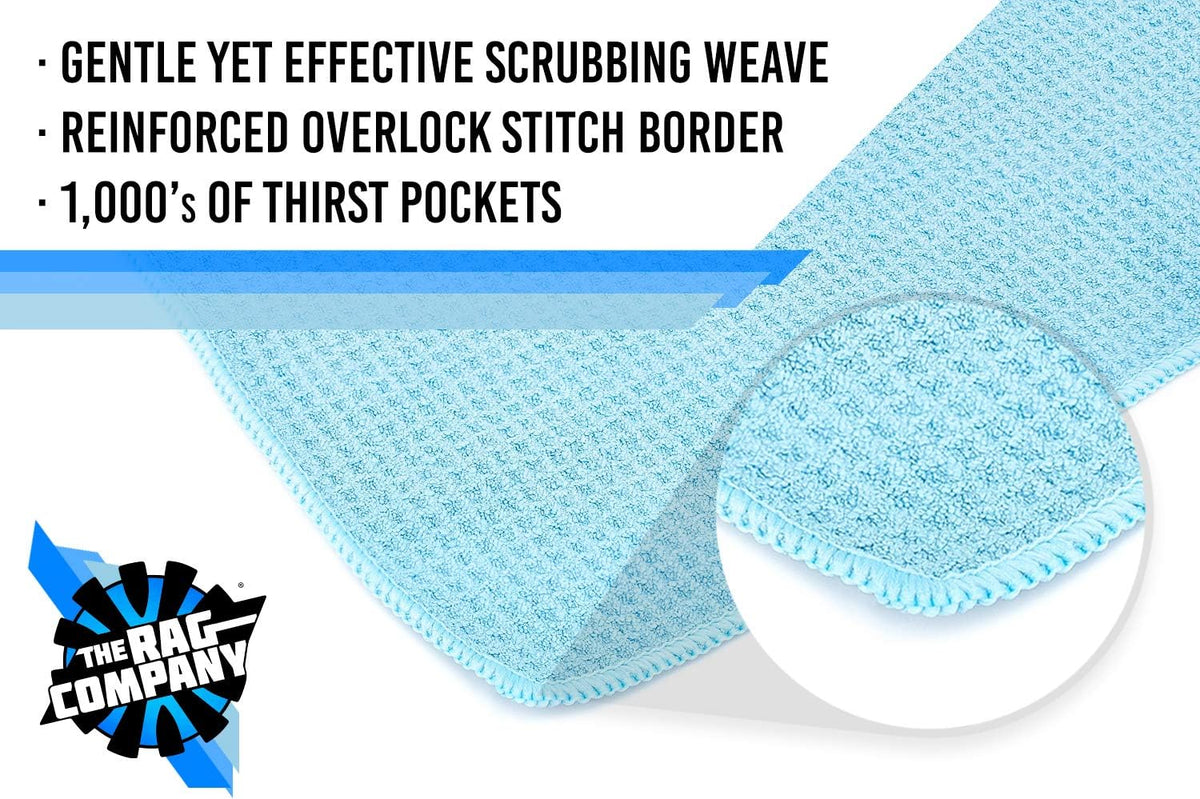 The Rag Company - Standard Waffle Weave Towels, Microfiber Detailing, Window/Glass and Drying, Wax & Polish, Lint-Free, Streak-Free, 370gsm, 16in x 16in, Light Blue (3-Pack)
