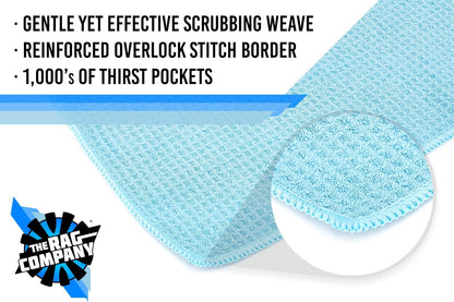 The Rag Company - Standard Waffle Weave Towels, Microfiber Detailing, Window/Glass and Drying, Wax & Polish, Lint-Free, Streak-Free, 370gsm, 16in x 16in, Light Blue (3-Pack)
