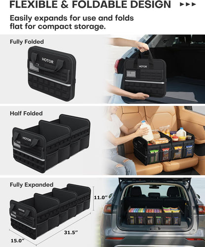 HOTOR Tactical Car Trunk Organizer - Foldable Trunk Organizer for SUV with Front MOLLE Pocket & Reflective Strips, Essential Car Accessories for Tools & Outdoor Storage, 12.8" x 21.7" x 11.0", Black