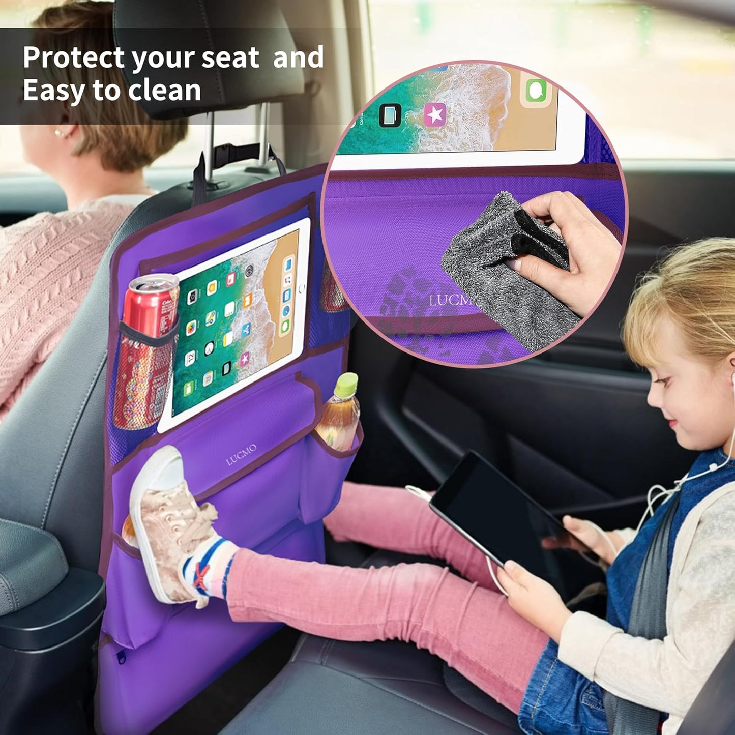 LUCMO Car Backseat Organizer with Tablet Holder,6 Storage Pockets Car Storage Organizer with Foldable Food Tray,Protectors Kick Mats Travel Accessories-Black