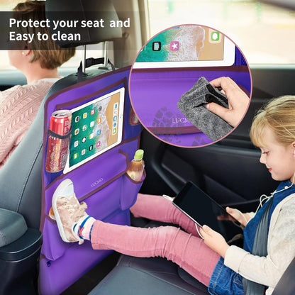 LUCMO Car Backseat Organizer with Tablet Holder,6 Storage Pockets Car Storage Organizer with Foldable Food Tray,Protectors Kick Mats Travel Accessories-Black