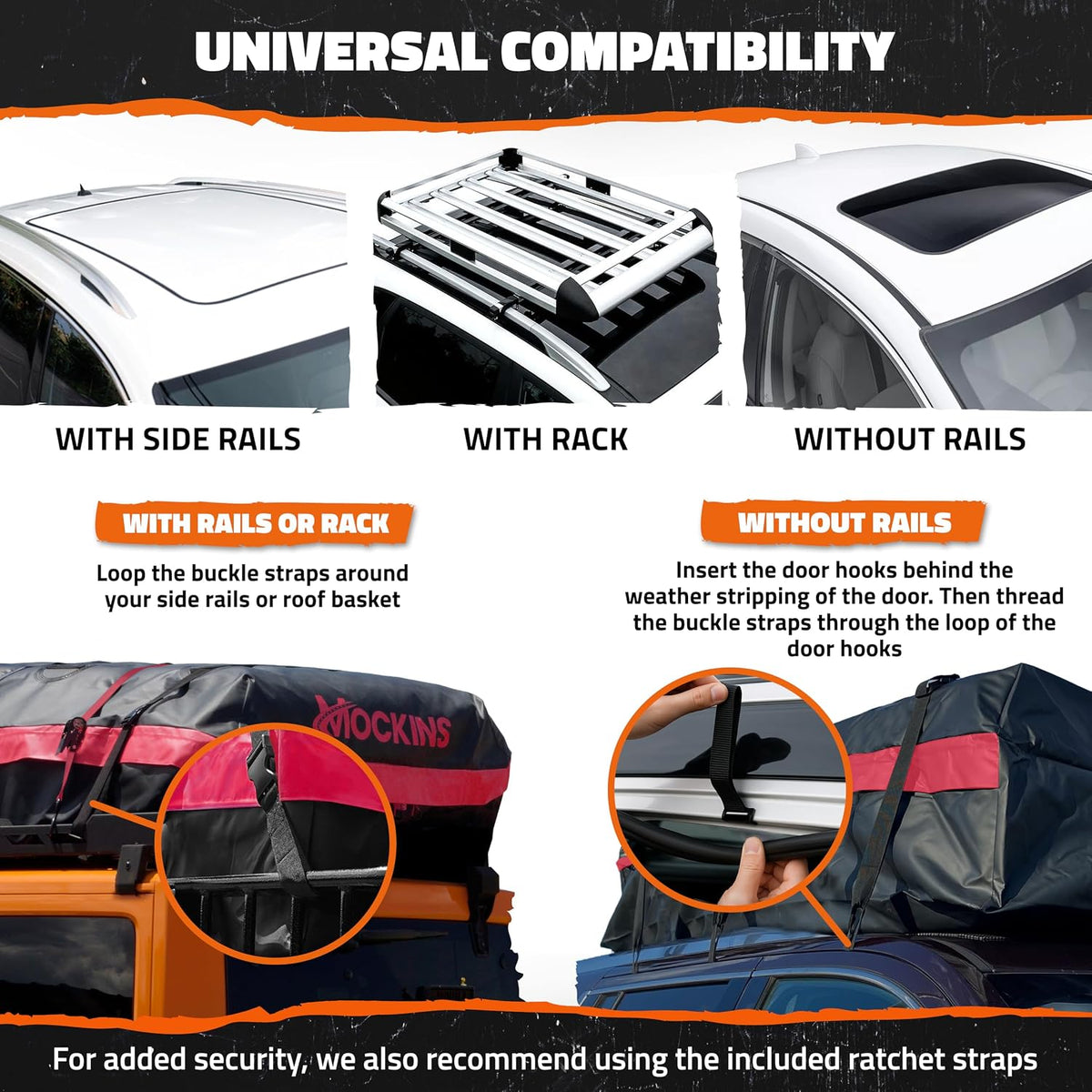 Mockins 25 CuFt Waterproof Rooftop Cargo Carrier Bag | 60"x43"x17" All-Weather 500D Soft-Shell Vinyl Car Top Carrier Without Roof Rack | Vehicle Soft-Shell Carriers with Roof Mat, Lock, Hooks & Straps