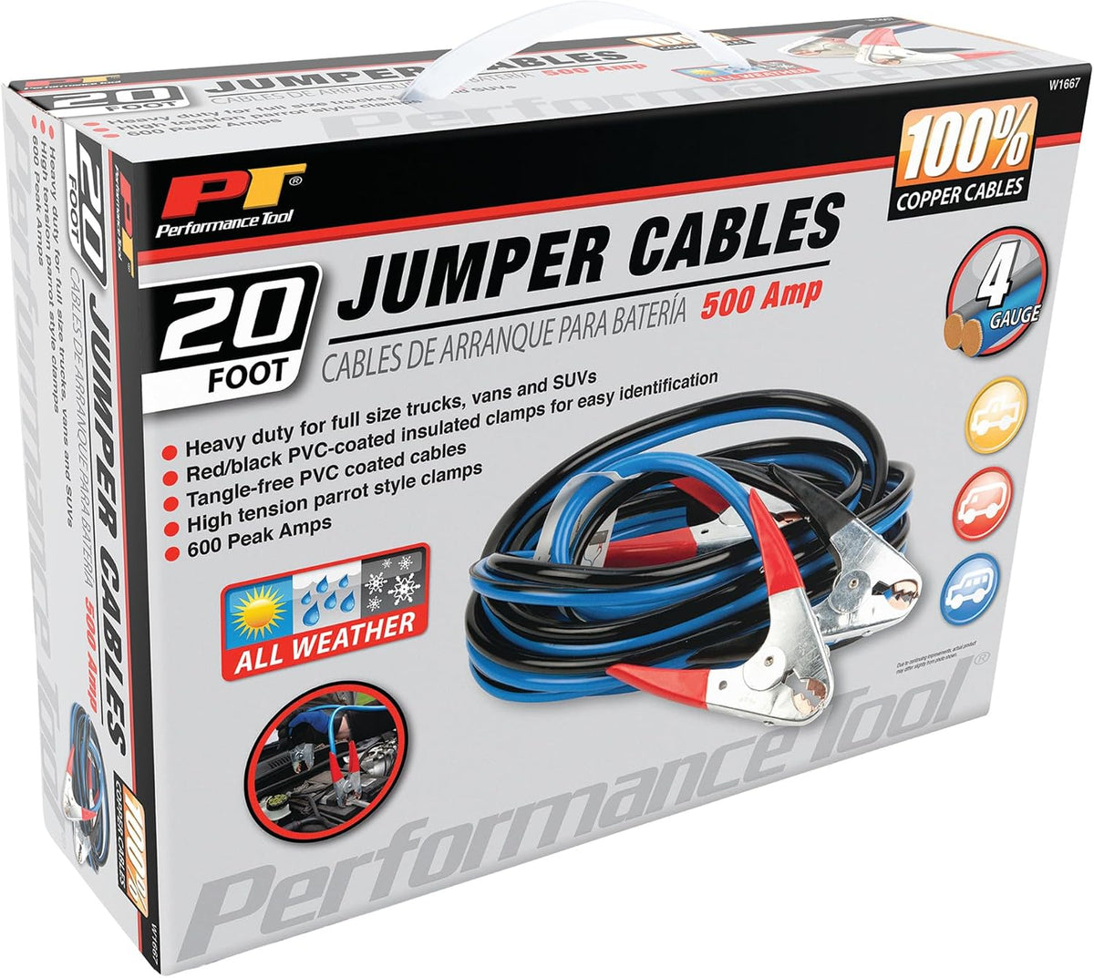 Performance Tool W1675 10ft 4GA Lighted Jumper Cables - Tangle-Free, Heavy Duty Clamps, Suitable for Trucks, SUVs, and Other Large Vehicles