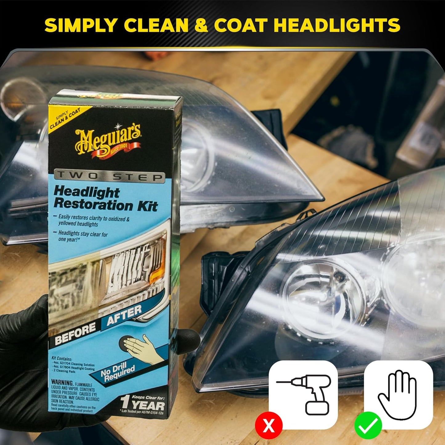 Meguiar's Two Step Car Headlight Restoration Kit, Headlight Cleaner Restores Clear Car Plastic and Protects from Re-Oxidation, Includes Coating and Cleaning Solution - 4 Count (1 Pack)