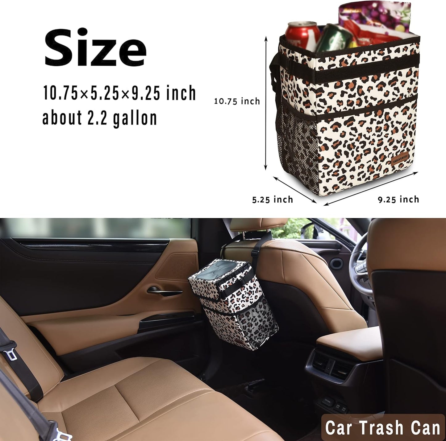 SIBOFUEGO Cute Car Trash Can with Lid – Multipurpose Collapsible Trash Bin for Car, Leak-Proof Organizer, Waterproof Garbage Can with Storage Pockets & Adjustable Straps, 2 Gallons (Black Leopard)