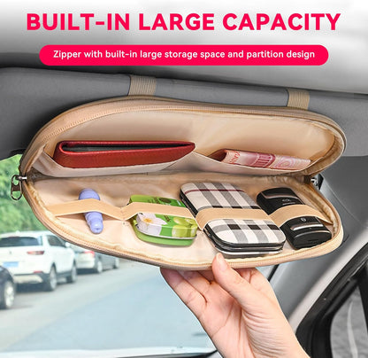 Car Sun Visor Organizer, Multi-Pocket PU Leather Sunglass Holder and Storage Pocket with Net Zipper, Card Sleeve Pocket Organizer, Auto Interior Accessories for Vehicle, Truck, SUV (Gray)