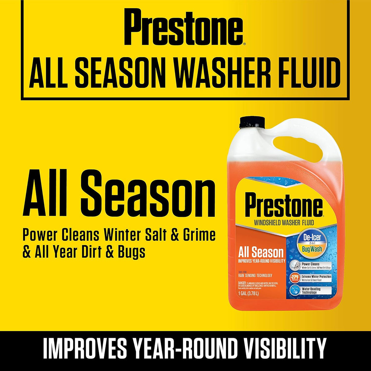 Prestone AS658 All Season 2-in-1 Windshield Washer Fluid, Year Round, De-Icer + Bugwash, 1 Gallon