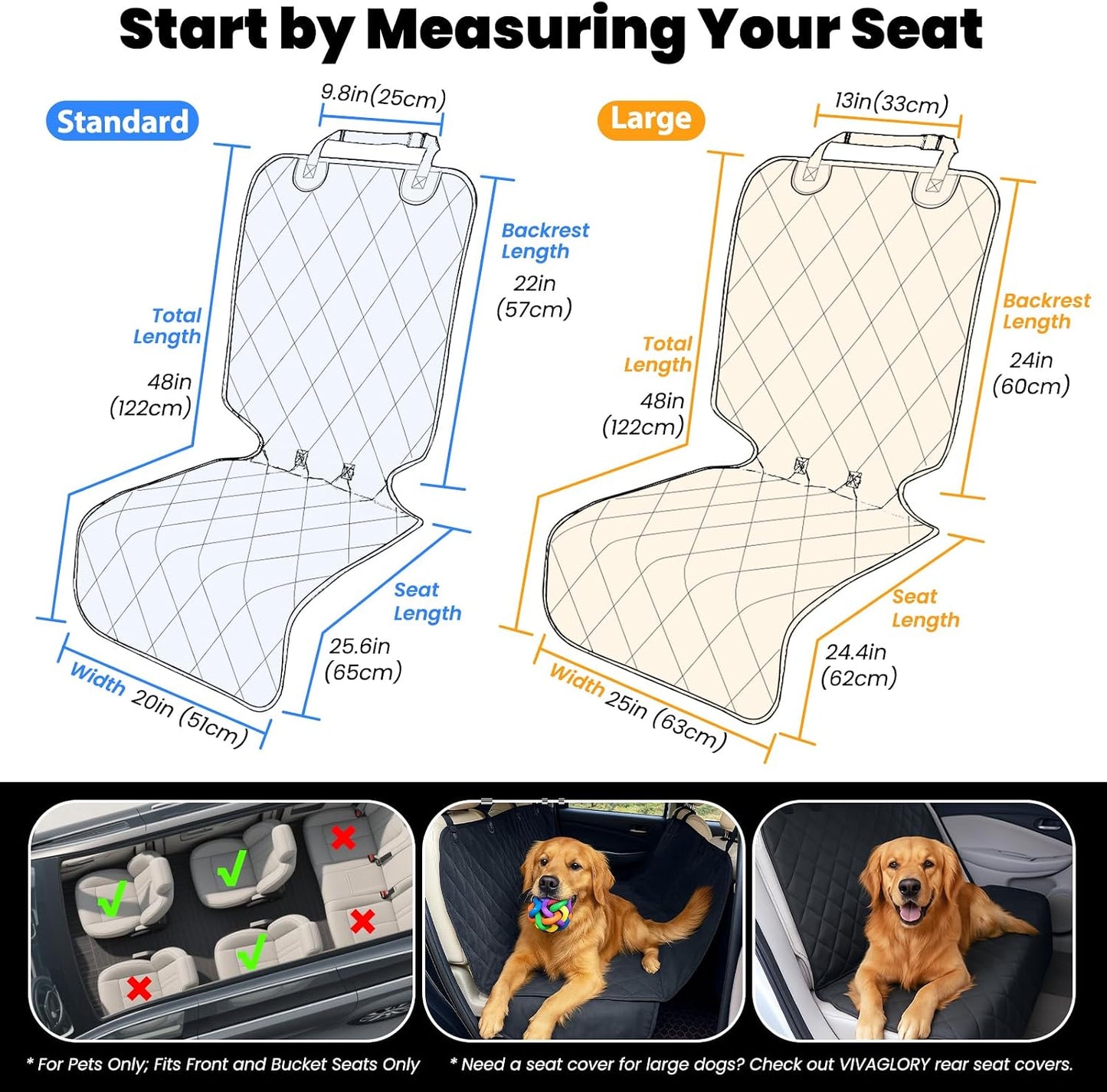 VIVAGLORY Dog Front Seat Cover Seatflex Car Seat Protector for Dog, Car Cover for Pet, Front Single Bucket Captain Chair Protector, Standard, Black, 1Pack