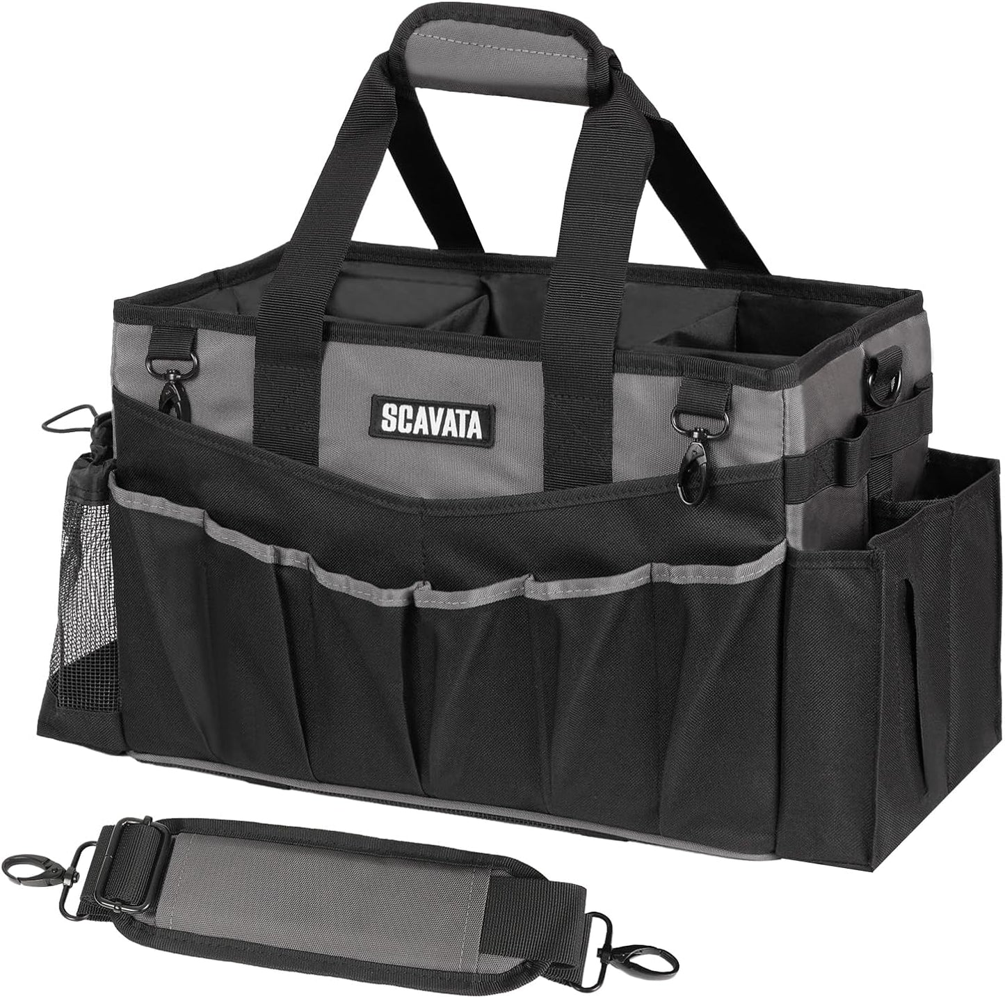 SCAVATA Wearable Cleaning Caddy Bag, Supplies Organizer with Handle & Shoulder Straps for Housekeepers, Under Sink & Car Cleaning Tool Organizer with 4 Foldable Dividers (Black)