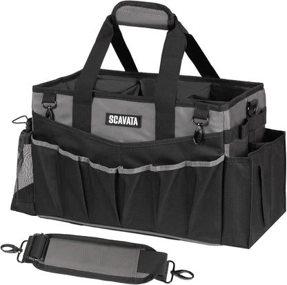 SCAVATA Wearable Cleaning Caddy Bag, Supplies Organizer with Handle & Shoulder Straps for Housekeepers, Under Sink & Car Cleaning Tool Organizer with 4 Foldable Dividers (Black)