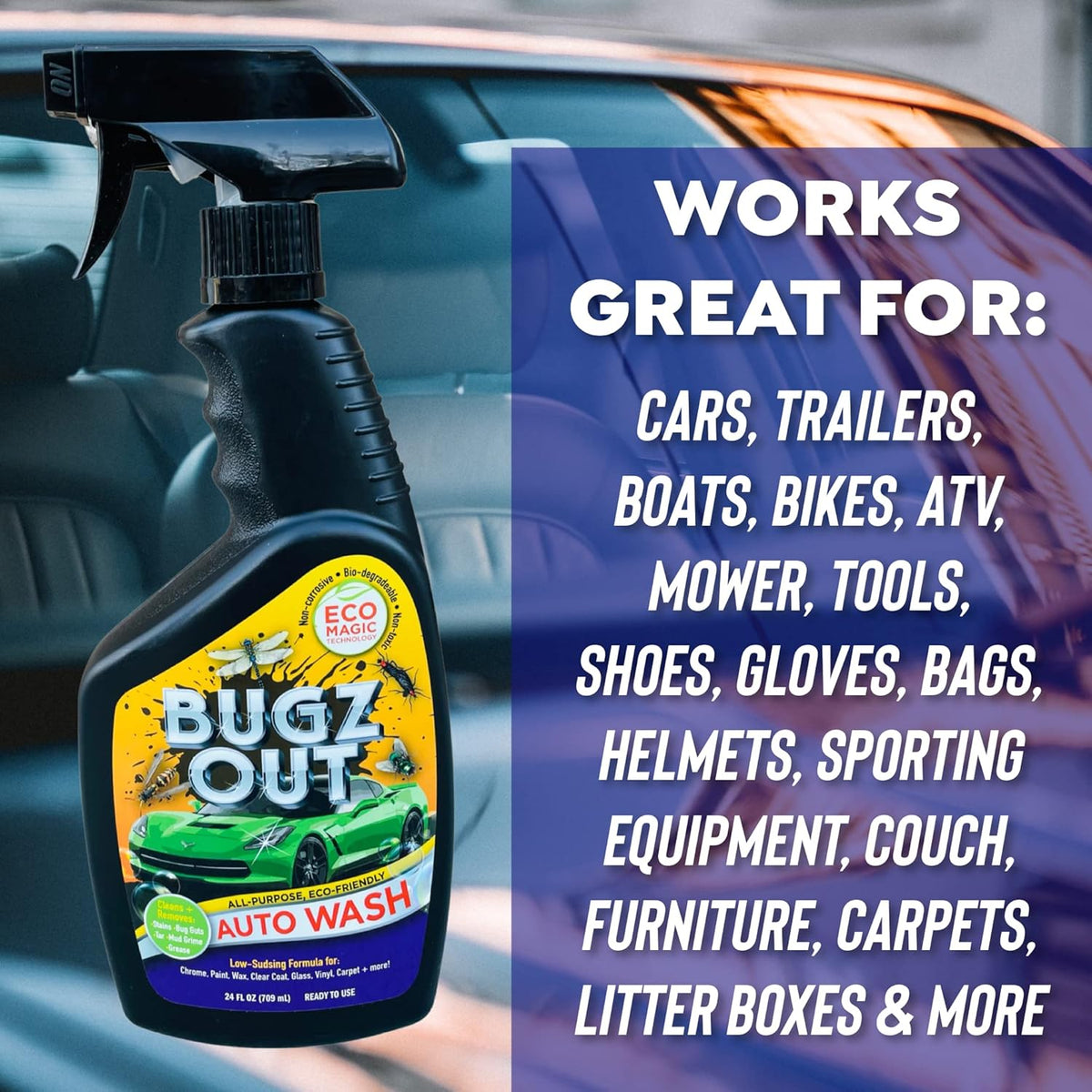 Car Bug Cleaner, Remover & Wash - Spray Bugs, Tar, Bird Poop Off Exterior of Car & Windshield. Remove Black Streaks Without Scratching or Removing Paint. 24 oz bottle w/ Microfiber Cloth