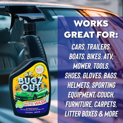Car Bug Cleaner, Remover & Wash - Spray Bugs, Tar, Bird Poop Off Exterior of Car & Windshield. Remove Black Streaks Without Scratching or Removing Paint. 24 oz bottle w/ Microfiber Cloth