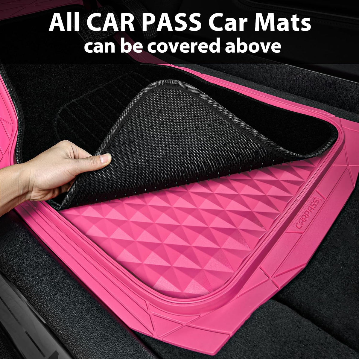 CAR PASS Heavy Duty Rubber Car Mats, Deep Dish All-Weather Floor Mat for Car Full Set Durable Anti-Slip 3D Rhombus Waterproof Trim to Fit Liner Universal Fit Automotive,Sedan,SUV,Truck, 3 Piece Black