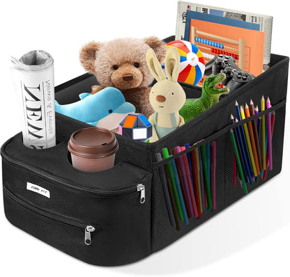 FUNNy elf Car Backseat Organizer for Cars, Collapsible Front Seat Organizer with 4 Cup Holders, Storage Pockets & Dividers, Passenger Seat Organizer for SUV, Truck, Sedan
