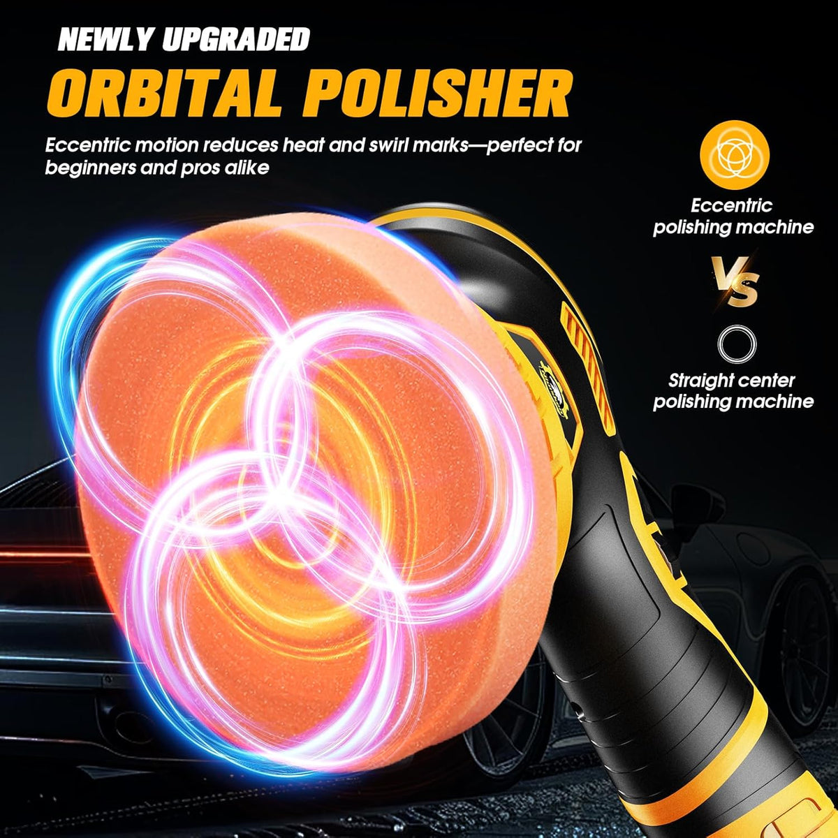 Cordless Car Buffer Polisher kit [2x 2000mAh 21V Batteries & 18 PCS Attachments] 6-Speed Orbital Design, LED Display, Lightweight Detailing Tool for Waxing, Polishing & Scratch Removal-Yellow