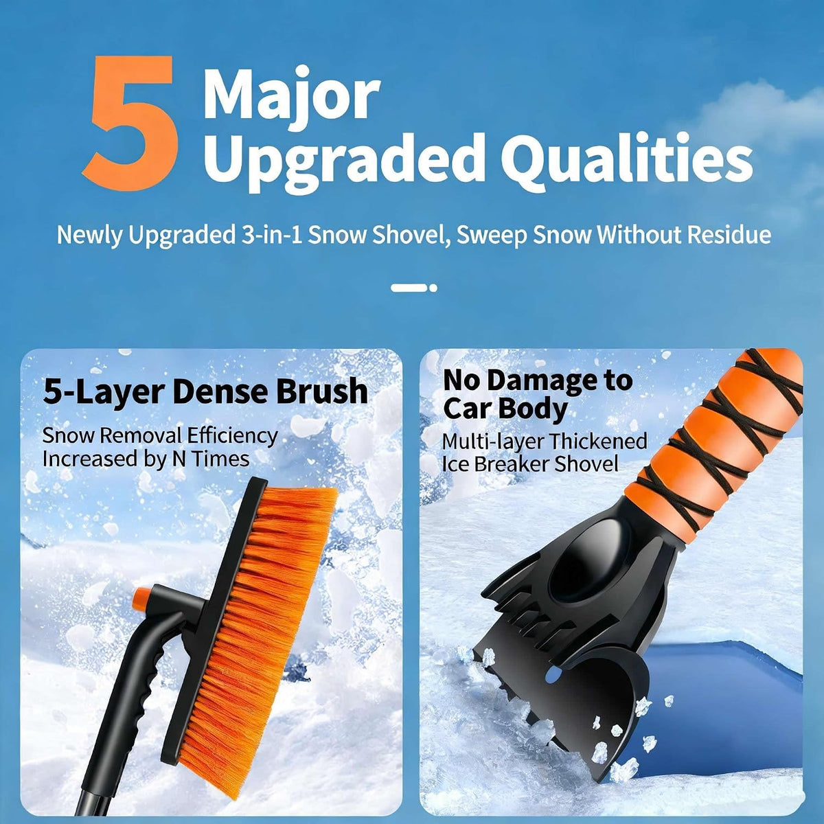 39" Extendable Snow Brush with Ice Scraper & Squeegee for Car Windshield,Rotating Auto Snow Brush with Foam Grip,Heavy Duty Car Snow Brush and Ice Scraper Combo for Truck SUV,Orange