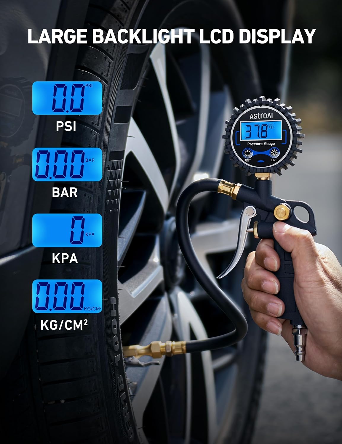 AstroAI Digital Tire Pressure Gauge with Inflator, 3-250 PSI Air Chuck & Compressor Accessories Heavy Duty with Quick Connect Coupler, 0.1 Display Resolution, 1Pack Standard