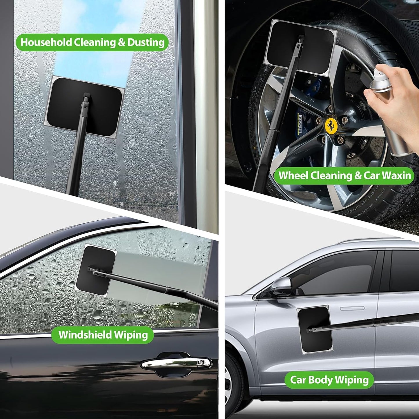 desin Car Windshield Cleaning Tool, Windshield Cleaner with 5 Washable and Reusable Microfiber Pads and Extendable Handle, for Auto Glass Wiper (Green)