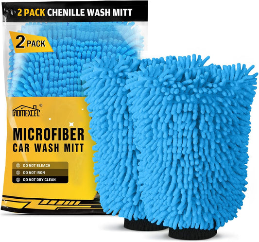 HOMEXCEL Car Wash Mitt, 2PK Chenille Microfiber Wash Mitt, Scratch-Free & Lint-Free, Rich Foam, Highly Absorbent, Double Sided, Perfect for Car Washing and Detailing, 10.2" x 6.7 ", Blue