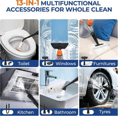 Steam Cleaner, Pressurized Handheld 13pcs Multi-Purpose Natural Deep Cleaning Steamer, Portable Steamer for Cleaning Home, Grout, Kitchen, Car, Window, Upholstery, Bathroom and Clothes, White