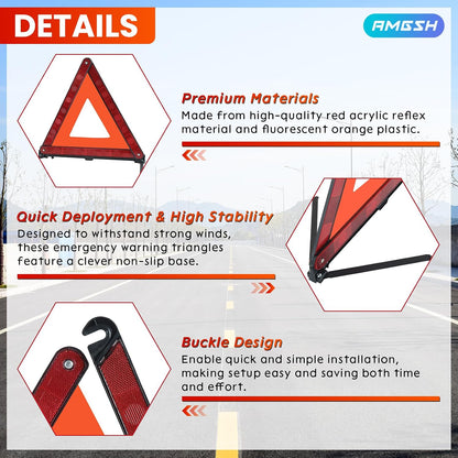 3Pack Safety Triangles Kit, Reflective Triangles Roadside, Standard Emergency Triangles with Case Warning Triangles for Vehicles Breakdown