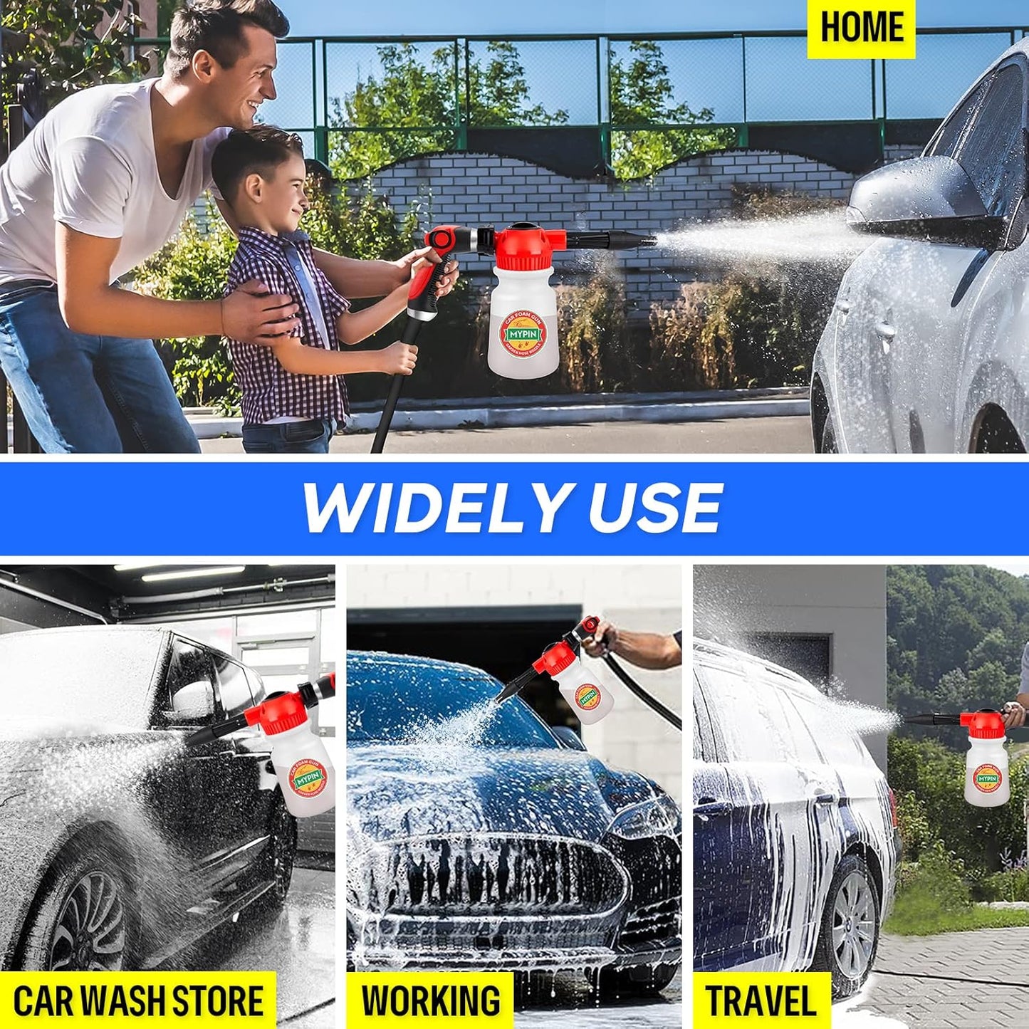 16 IN 1 Car Wash Foam Gun, Foam Cannon,Adjustable Hose Wash Sprayer with 2.5 to 6 Bars Foam Blaster,Wash Mitten &Towel,Suitable for Car Cleaning and Garden Use with 1/2” Quick Connector