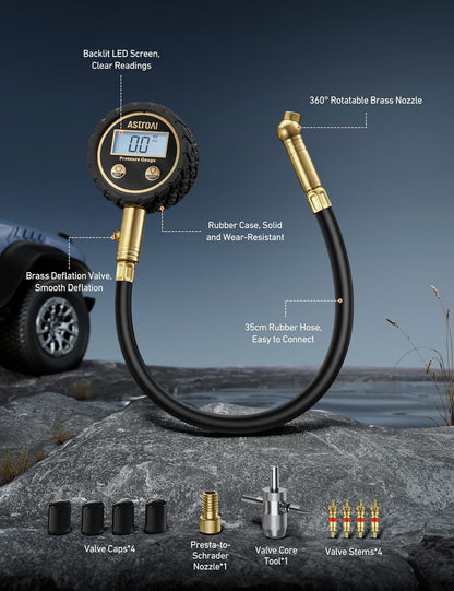 AstroAI Tire Pressure Gauge for Cars with Large 2" Dial, Solid Brass with Rubber Hose, Air Bleeder Valve, ANSI B40.1, 0-60PSI